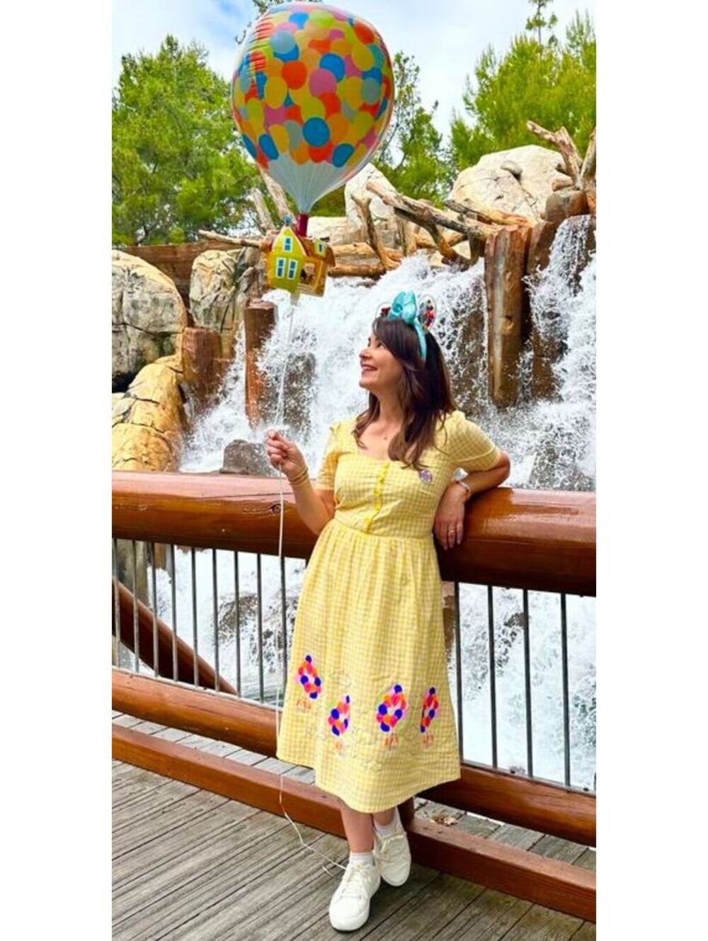 $65|Sz.M 18"PTP|Disney Pixar Up Embroidered Gingham Houses Button Up Midi Dress
